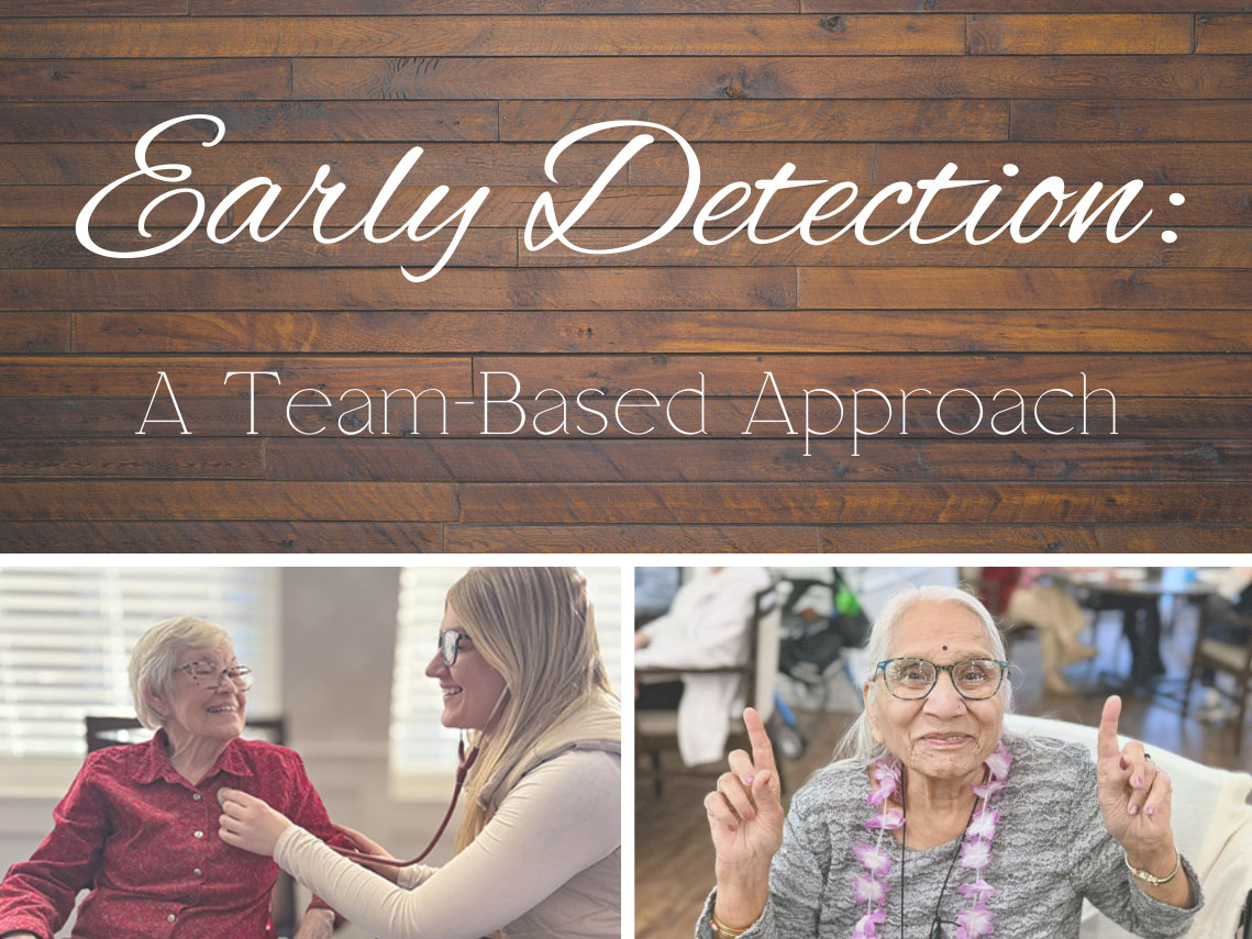 Blog cover reading Early Detection: A Team-Based Approach featuring a photo of a senior woman receiving a medical checkup and a senior woman smiling giving two number one signs.