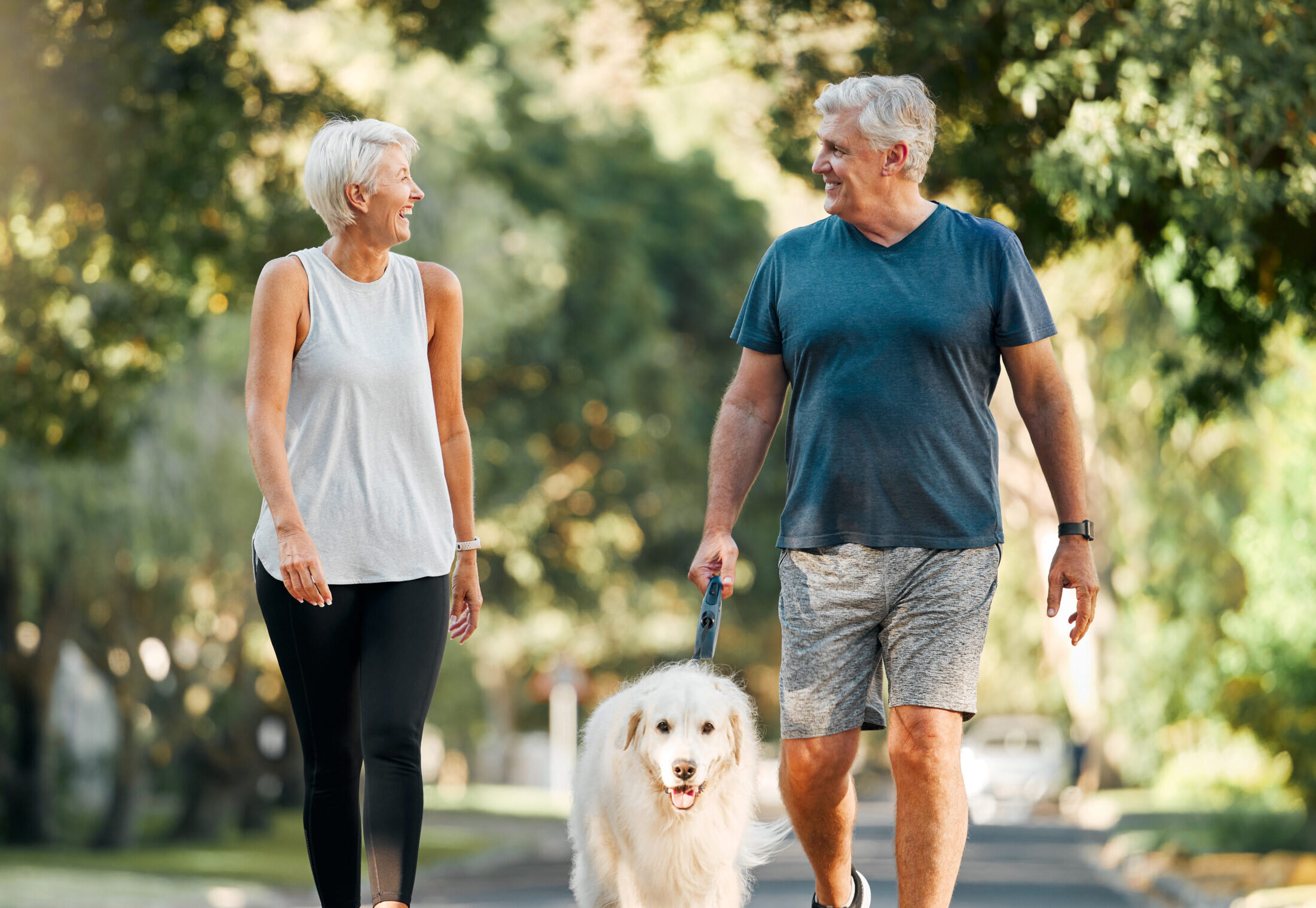 Older couple walking their dog together on a sunny path surrounded by trees